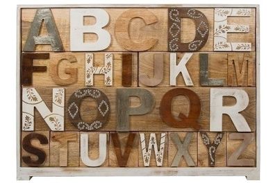 Kommode Alphabet 115 x 40 x 90 cm Tannen-Holz Weiß/ Natur mit 12 Schubladen