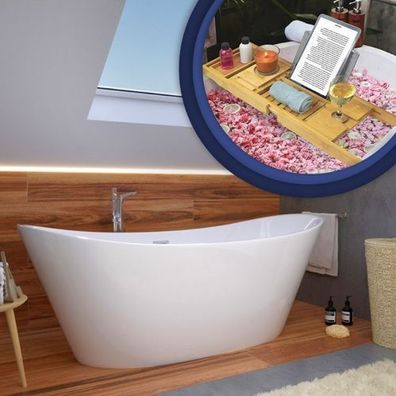 Freistehende Badewanne Exclusive 170x80 + Bambusablage Holzablage + Ablauf VIEGA