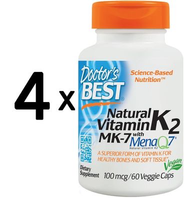 4 x Natural Vitamin K2 MK7 with MenaQ7, 100mcg - 60 vcaps
