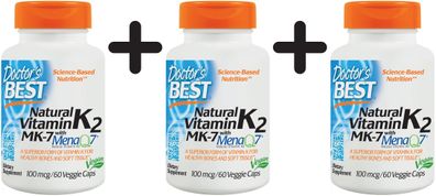 3 x Natural Vitamin K2 MK7 with MenaQ7, 100mcg - 60 vcaps