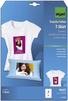 Sigel® IP650 InkJet Transfer Folien für T-Shirts, für helle Textilien, 3 Folien