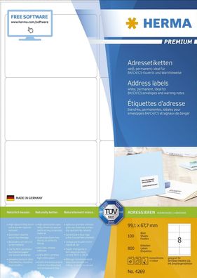 Herma 4269 4269 Adressetiketten Premium A4, weiß 99,1x67,7 mm Papier matt 800 St.
