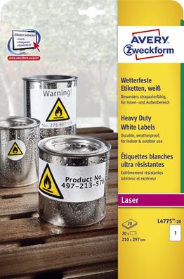 Avery Zweckform® L4775-20 L4775-20 Folien-Etiketten - 210 x297 mm, weiß, 20 Etiket...