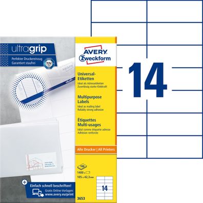 Avery Zweckform® 3653 3653 Universal-Etiketten - 105 x 42,3 mm, weiß, 1.400 Etiket...