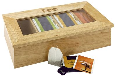 Esmeyer® 400-2354 TEEBOX mit 4 Fächern, Aufschrift Tee, aus hellem Holz, mit Sicht...