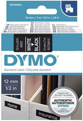 Dymo S0720610 Dymo D1 Schriftband 12 mm x 7 m weiß auf schwarz 45021