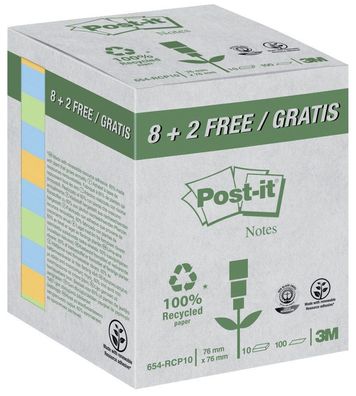 Post-it® 654-RCP10 Haftnotizblock Recycling Notes - 76 x 76 mm, sortiert, 10 x ...