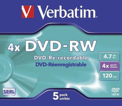 Verbatim 43285 1x5 Verbatim DVD-RW 4,7GB 4x Speed, Jewel Case