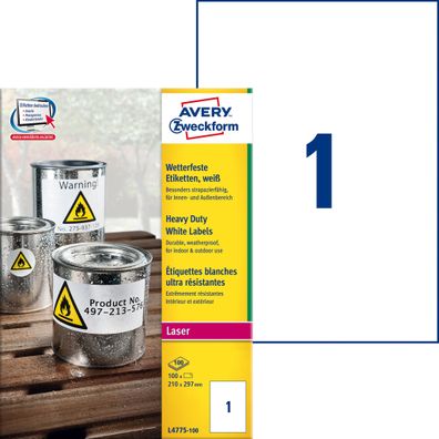 Avery Zweckform® L4775-100 L4775-100 Folienetiketten 210 x 297 mm weiß 100 Etikett...