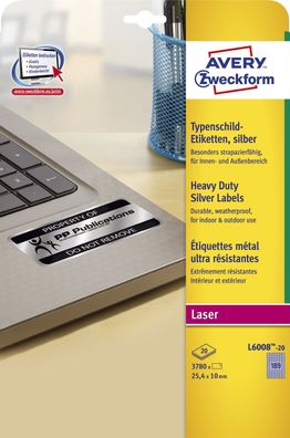 Avery Zweckform® L6008-20 Typenschild-Etiketten A4 3.780 Stück 25,4 x 10 mm wetter...
