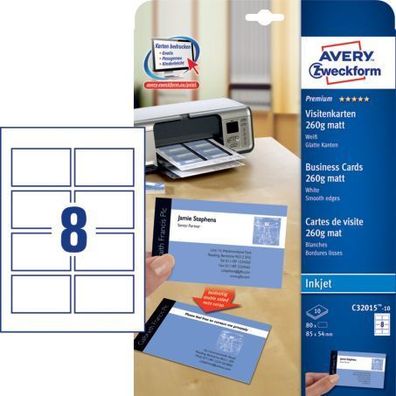 Avery Zweckform® C32015-10 C32015-10 Premium Visitenkarten, 85 x 54 mm, Inkjet-Spe...