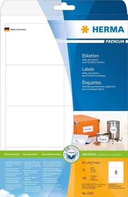 Herma 4359 4359 Etiketten Premium - 97 x 67,7 mm, weiß, matt, Rand, 200 Stück