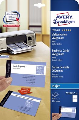 Avery Zweckform® C32015-25 C32015-25 Premium Visitenkarten, 85 x 54 mm, Inkjet-Spe...