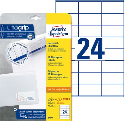 Avery Zweckform® 3490 Universal-Etiketten - 70 x 36 mm, weiß, 720 Etiketten/30 ...