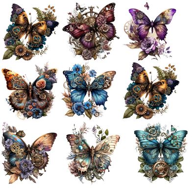 Bügelbild Bügelmotiv Steampunk Schmetterling Blumen Mädchen verschiedene Größen