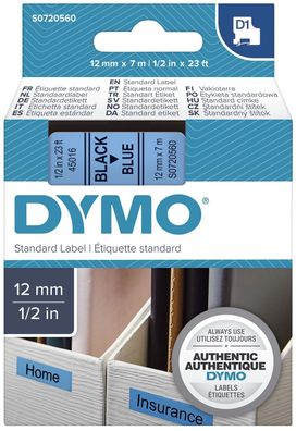 Dymo S0720560 D1 Schriftband 12 mm x 7 m schwarz auf blau