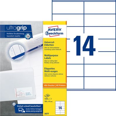 Avery Zweckform® 3477 3477 Universal-Etiketten - 105 x 41 mm, weiß, 1.400 Etikette...