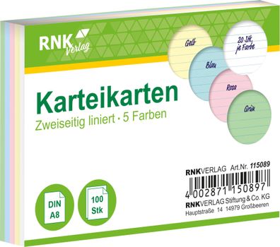 RNK Verlag 115089 Karteikarten - DIN A8, liniert, farbig sortiert, 100 Karten