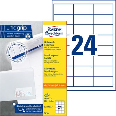 Avery Zweckform® 3658 3658 Universal-Etiketten - 64,6 x 33,8 mm, weiß, 2.400 Etike...