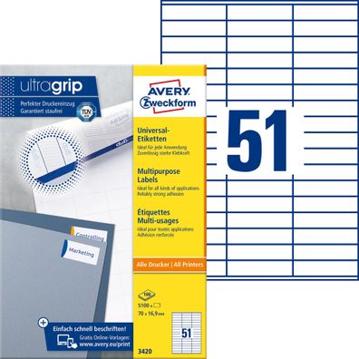 Avery Zweckform® 3420 3420 Universal-Etiketten - 70 x 16,9 mm, weiß, 5.100 Etikett...