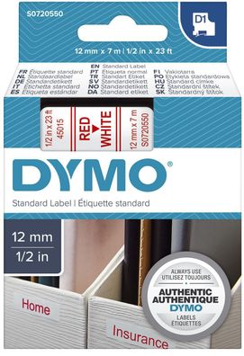 Dymo S0720550 Dymo D1 Schriftband 12 mm x 7 m rot auf weiß 45015