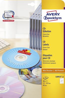 Avery Zweckform® L6043-25 L6043-25 CD-Etiketten, Ø 117 mm, 25 Blatt/50 Etiketten, ...