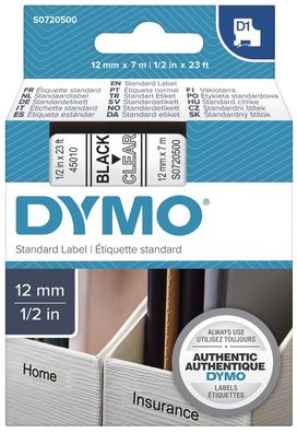 Dymo S0720500 Dymo D1 Schriftband 12 mm x 7 m schwarz auf transparent 45010