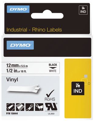 Dymo 18444 Dymo Rhino Band IND, Vinyl 12 mm x 5,5 m schwarz auf weiß