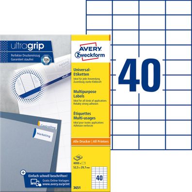 Avery Zweckform® 3651 3651 Universal-Etiketten - 52,5 x 29,7 mm, weiß, 4.000 Etike...