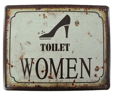 Blechschild, Reklameschild Toilet Woman mit Schuh, Frauentoilette 20x25 cm