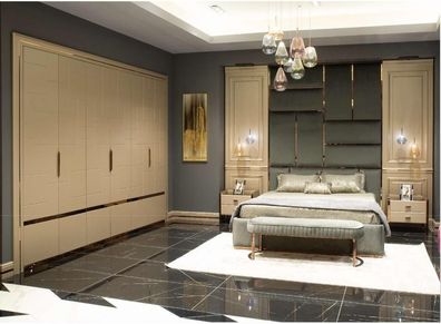 Luxus Garnitur Schlafzimmer Doppelbett Bett Nachttische Set 6tlg Beige