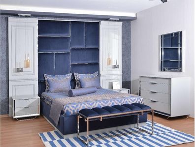 Design Gruppe Schlafzimmer Doppelbett Bett Nachttische Set 7tlg Blau