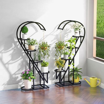 5-stufiger Metall Pflanzenständer Herzförmig, Blumenregal mit Haken, Pflanzenregal