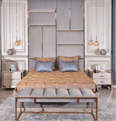 Luxus Garnitur Schlafzimmer Doppelbett Bett Nachttische Set 5tlg Beige