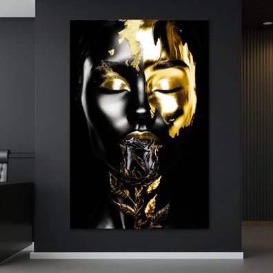 Wandbild Frau , Rose schwarze und goldene Leinwand , Acrylglas , Poster Deko Kunst