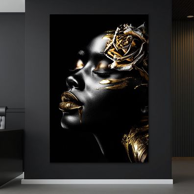 Wandbild Frau und Rose goldene und schwarze Leinwand , Acrylglas , Poster Deko Kunst