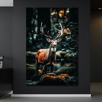 Wandbild Tier Hirsch im Wald Leinwand , Acrylglas , Modern Poster Deko Kunst