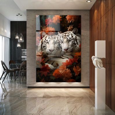 Wandbild Tier Tiger in roten Blumen Leinwand , Acrylglas , Modern Poster Deko Kunst