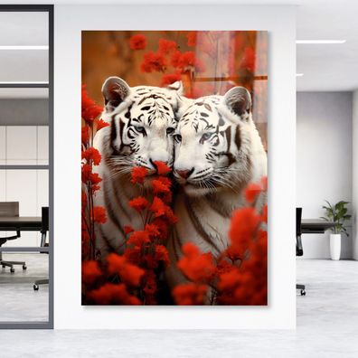 Tier Wandbild Tiger in roten Blumen Leinwand , Acrylglas , Modern Poster Deko Kunst