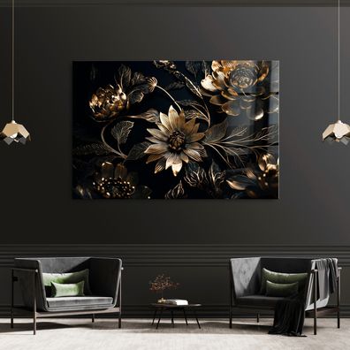 Wandbild Blumen in den Schwarz und Golden Leinwand , Poster , Acrylglas , Deko Kunst