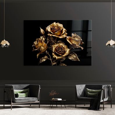 Wandbild Blumen in den Golden und Schwarz Leinwand , Poster , Acrylglas , Deko Kunst