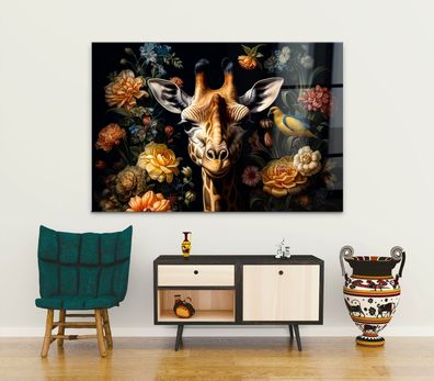 Wandbild Tier Giraffe zwischen Blumen Leinwand , Acrylglas , Poster Modern Deko Kunst