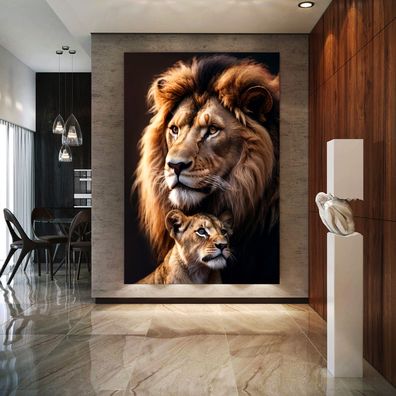 Wandbild Tier Liebe Vater Löwe und Junge Deko Leinwand , Acrylglas , Poster Kunst