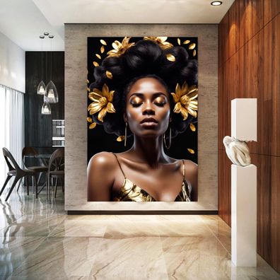Modern Luxus Wandbild Blume Golden Frau Poster, Leinwand , Acrylglas , Deko Kunst