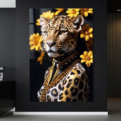 Wandbild Leopard und Blumen Tier Poster, Leinwand , Acrylglas , Deko Kunst