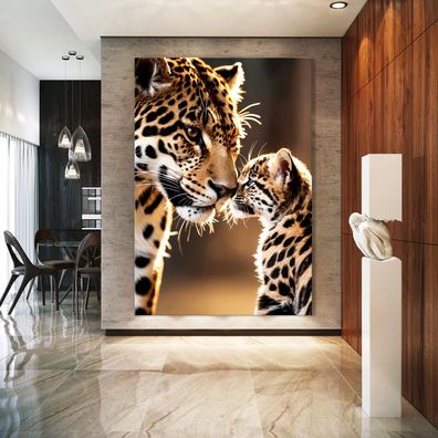 Wandbild Tier Vater Leopard, Liebe Poster, Leinwand , Acrylglas , Deko Kunst
