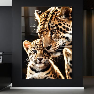 Wandbild Tier Der Leopardvater und sein Junges Poster, Leinwand , Acrylglas , Kunst