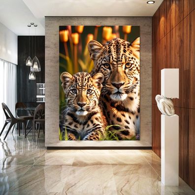 Tier Wandbild Leopard vater und sein Junges Leinwand , Acrylglas , Poster Kunst