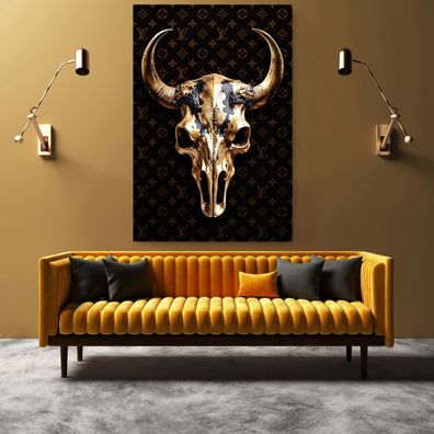 Wandbild Goldener Kuhschädel, LV Luxusmarke Poster , Acrylglas , Leinwand , Kunst