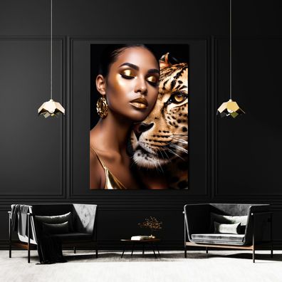 Wandbild Die Frau und der Leopard Tier Poster , Leinwand , Acrylglas Modern Kunst